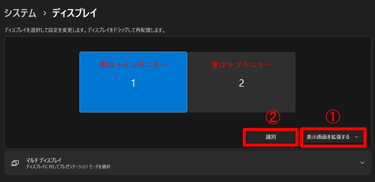 Windowsの設定で2画面の識別を確認している画像。配置や表示順を設定している。