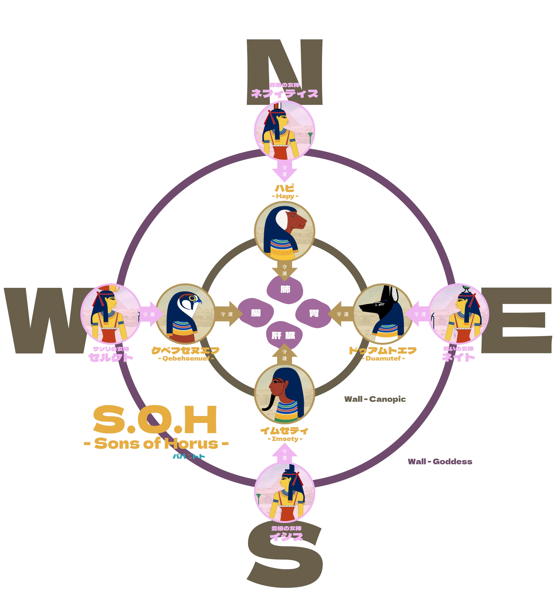 カノプスの壺を守るホルスの息子たちと女神の相関図