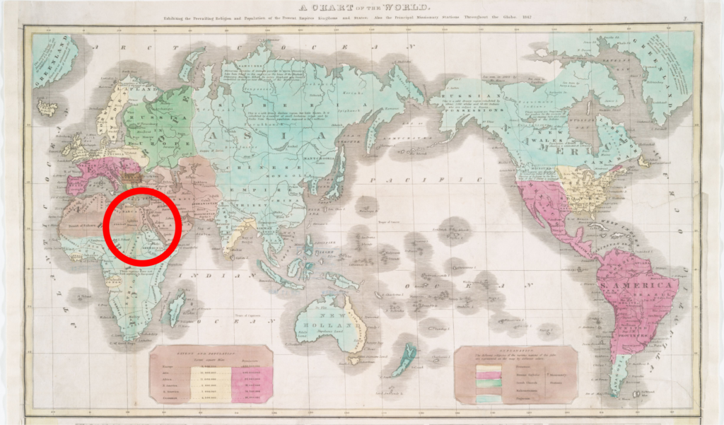 世界地図でエジプト周辺に目印を置いている画像