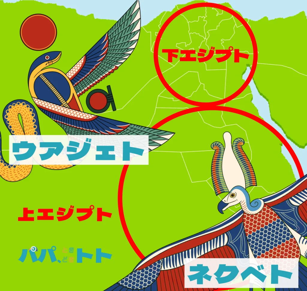 上エジプトの守護神ネクベトと下エジプトの守護神ウアジェトの関係性を描いた地図