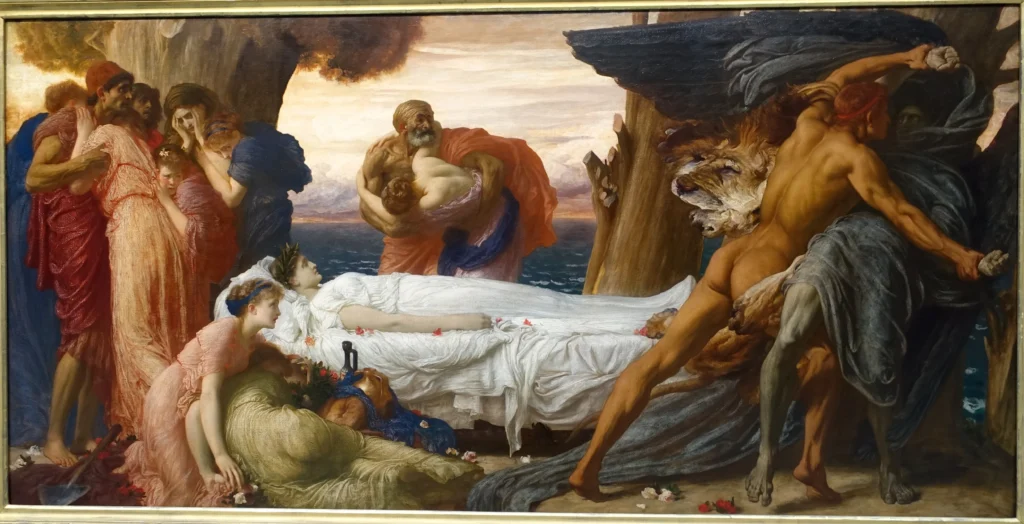 フレデリック・ロード・レイトン-アルケスティスの遺体をめぐって死と格闘するヘラクレス1869年-1871年