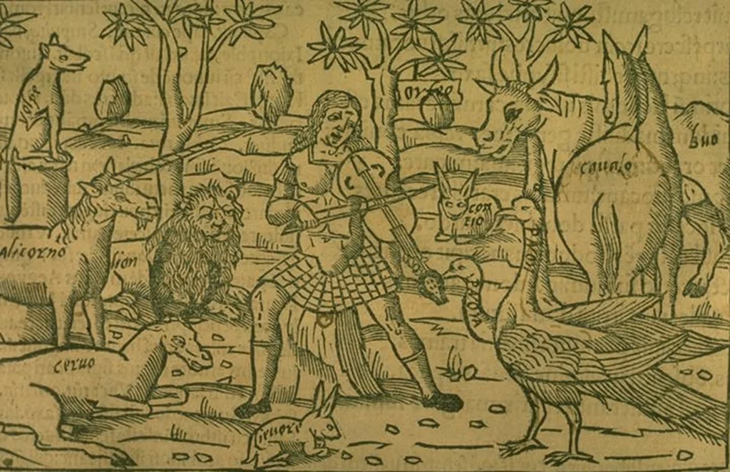 獣たちを魅了するオルフェウス-オウィディウスの『変身物語』の版画