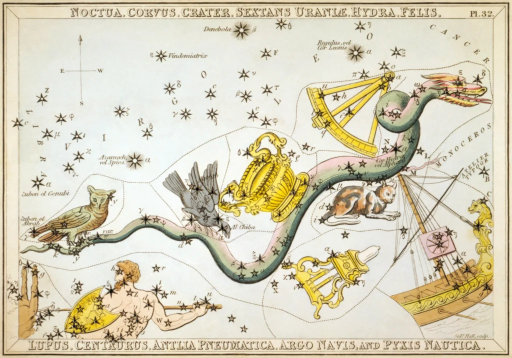 星座カードのセット「ウラニアの鏡」に描かれたうみへび座の周囲に見えるからす座1825年頃