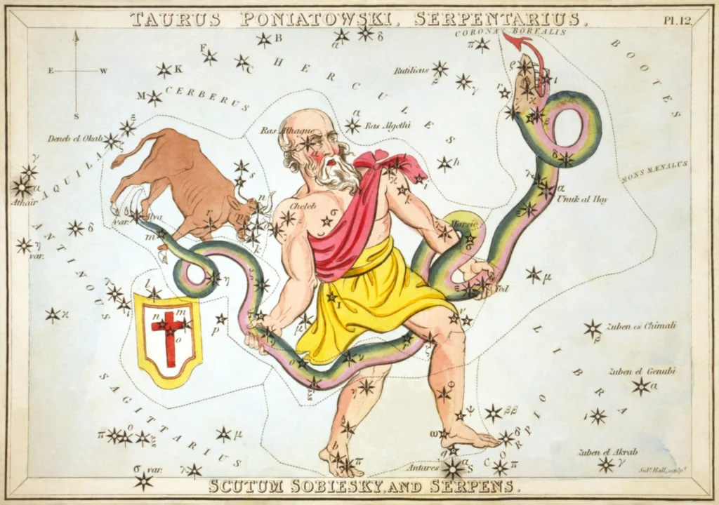 星座カードのセット「ウラニアの鏡」に描かれたへびつかい座1825年頃