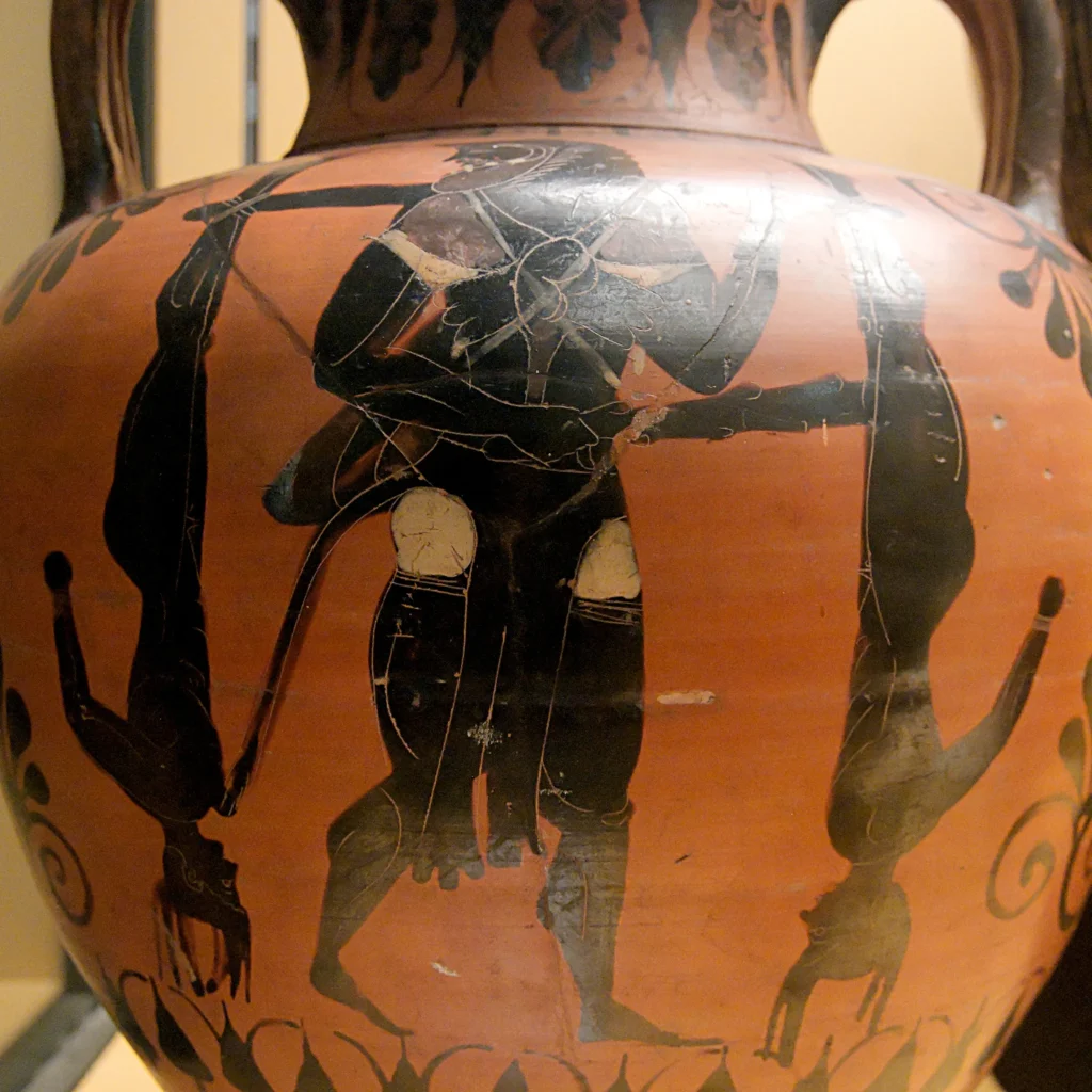 アンフォラ「ケルコープスたちが縛られた棒を担ぐヘーラクレース」紀元前530年-500年