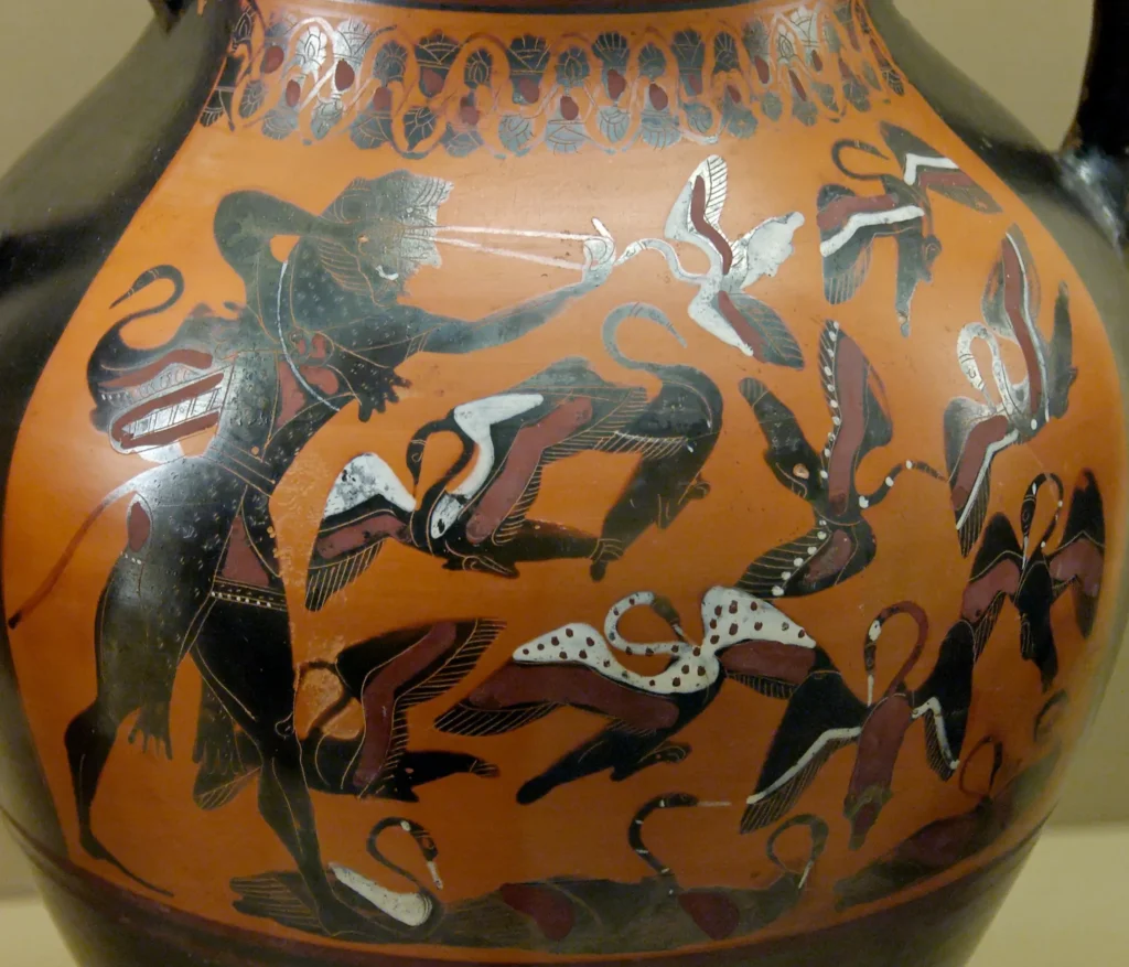 ヴルチ出土のアッティカの黒絵式アンフォラ「ステュムパロスの鳥とヘラクレス」紀元前540年頃