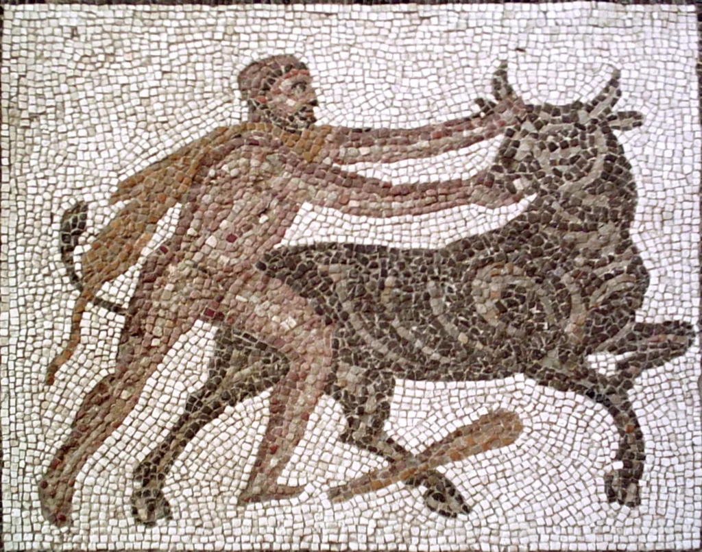 リリア出土のローマ時代のモザイク「クレタ島の雄牛を捕らえるヘラクレス」
