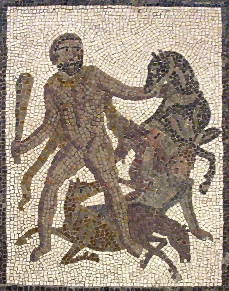 リリア出土のローマ時代のモザイク「ヘラクレスとディオメデスの牝馬」