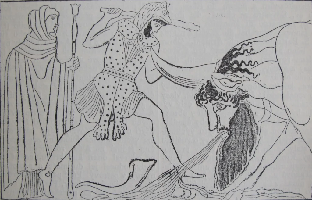 作者不明「雄牛の姿のアケロオスと対決するヘラクレス、傍らにデイアネイラ」1888年