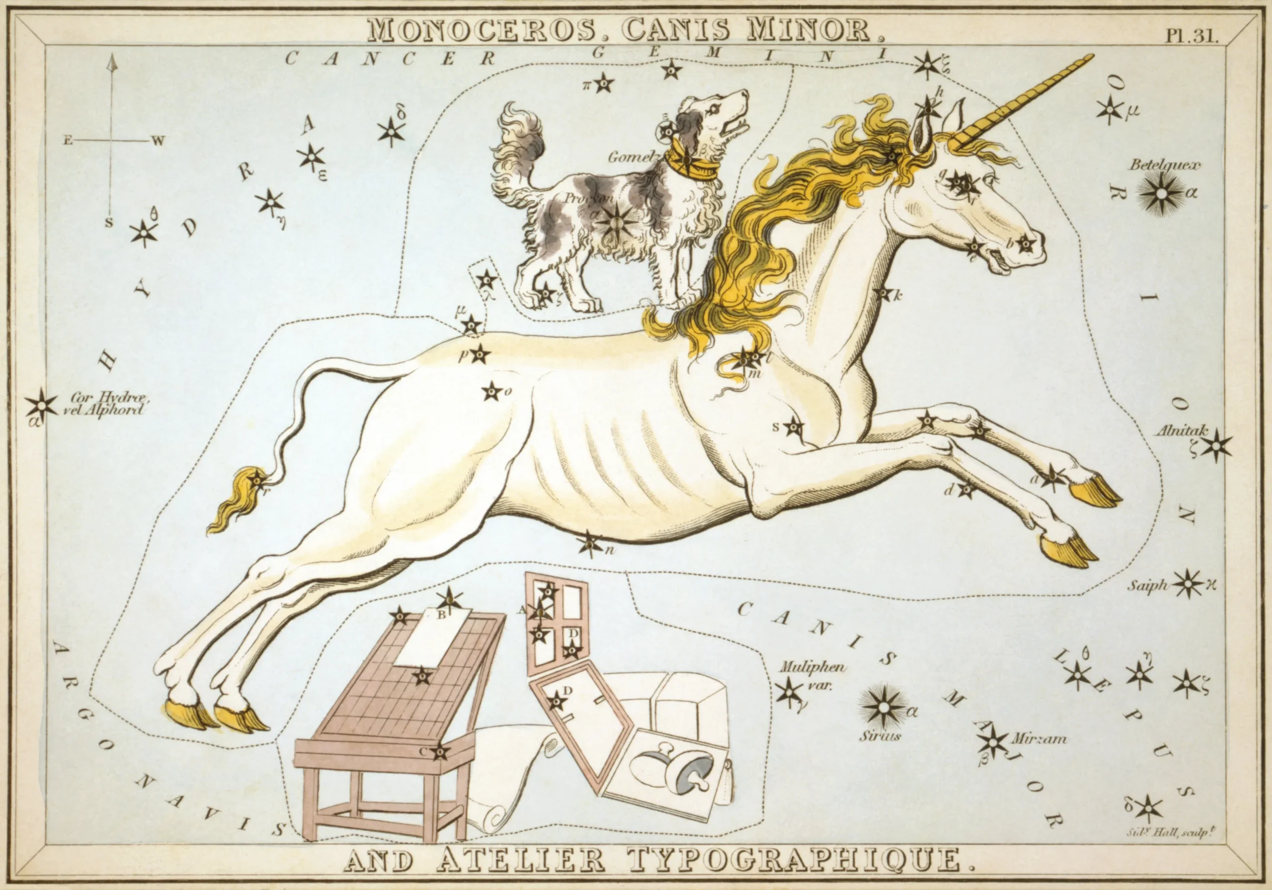 星座カードのセット「ウラニアの鏡」に描かれたこいぬ座1825年頃