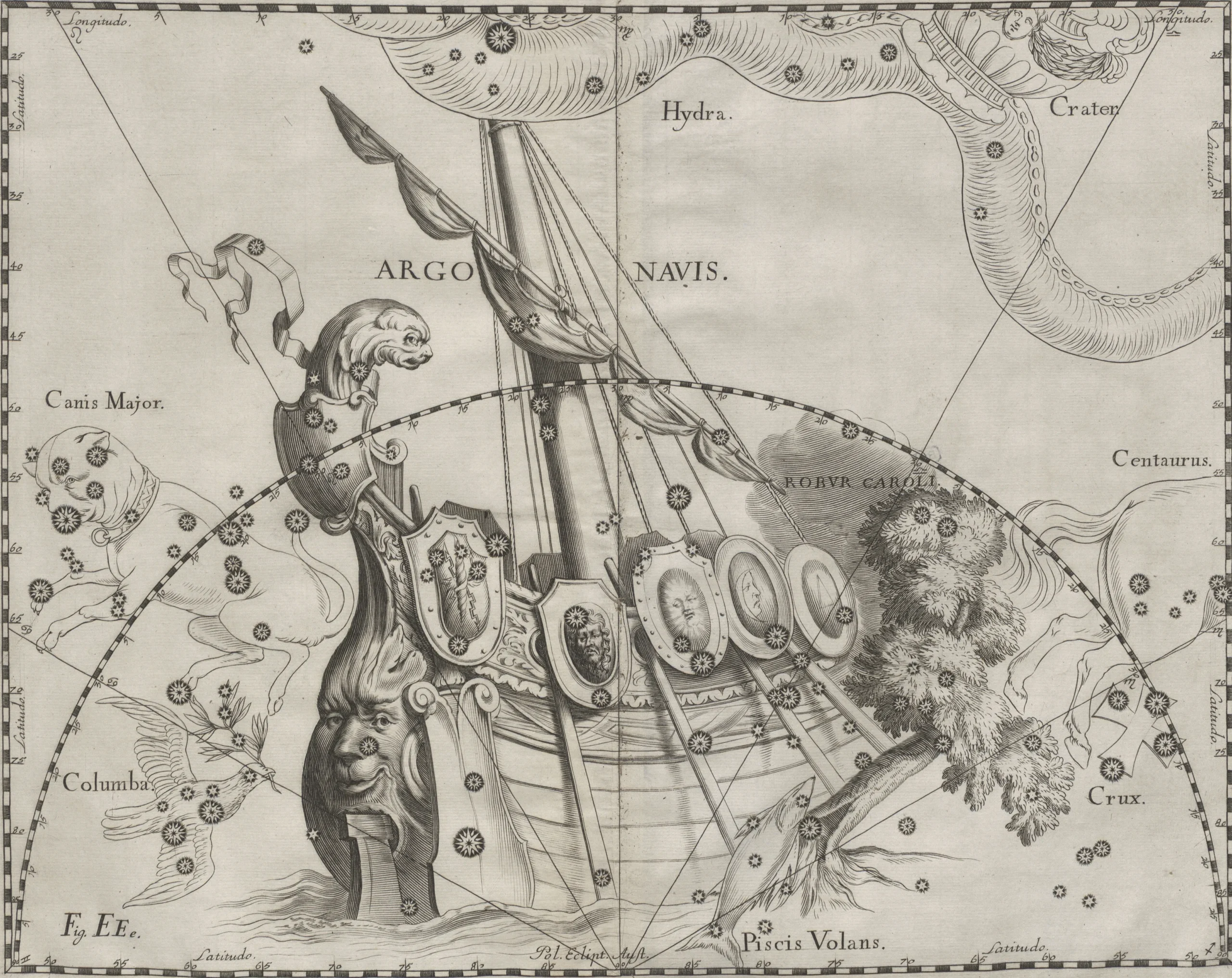 ヨハネス・ヘヴェリウス「星図に描かれたアルゴー船」1690年