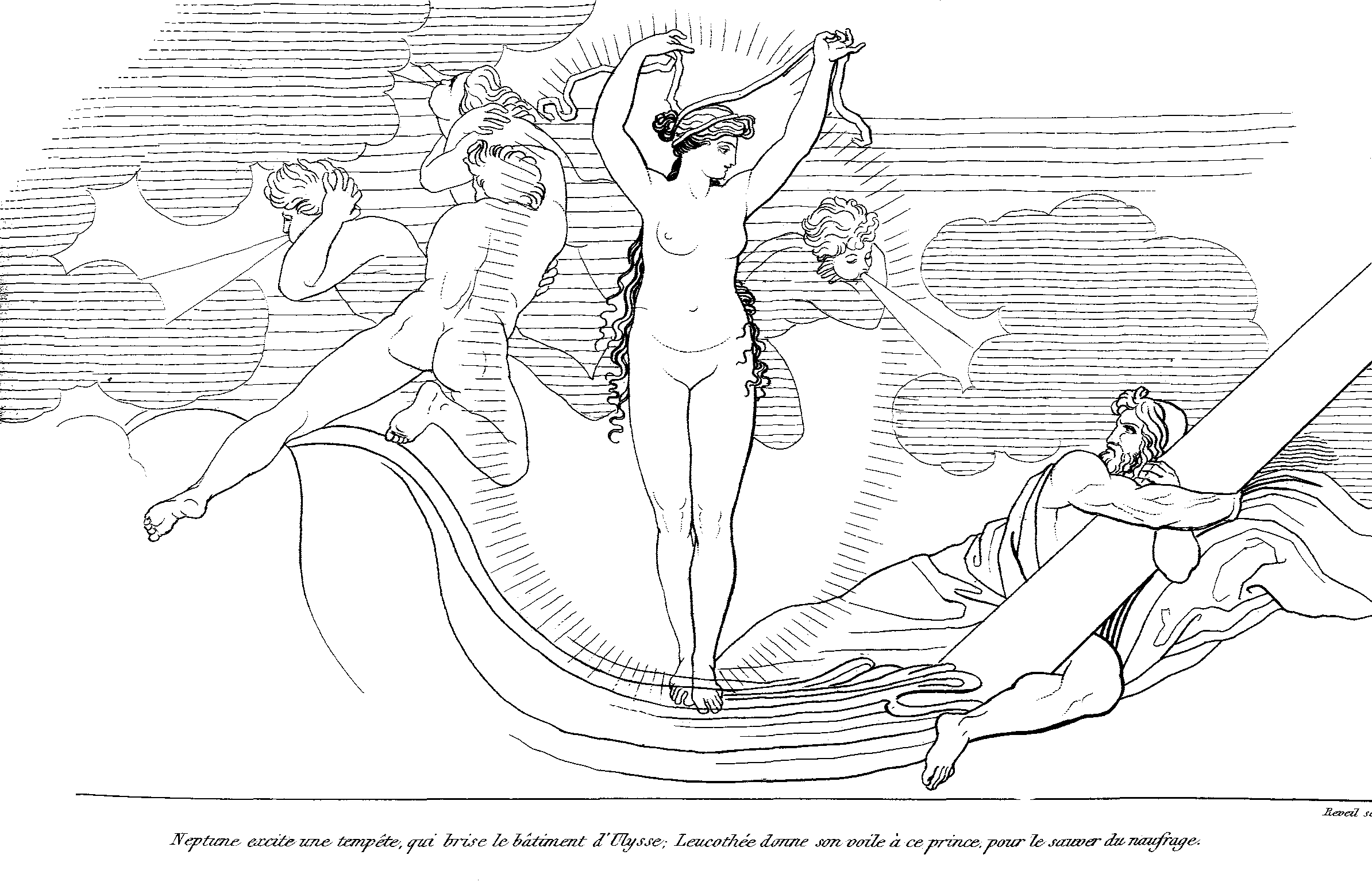 ジョン・フラクスマン『嵐で漂流するオデュッセウスを助けるレウコテアー女神』1810年