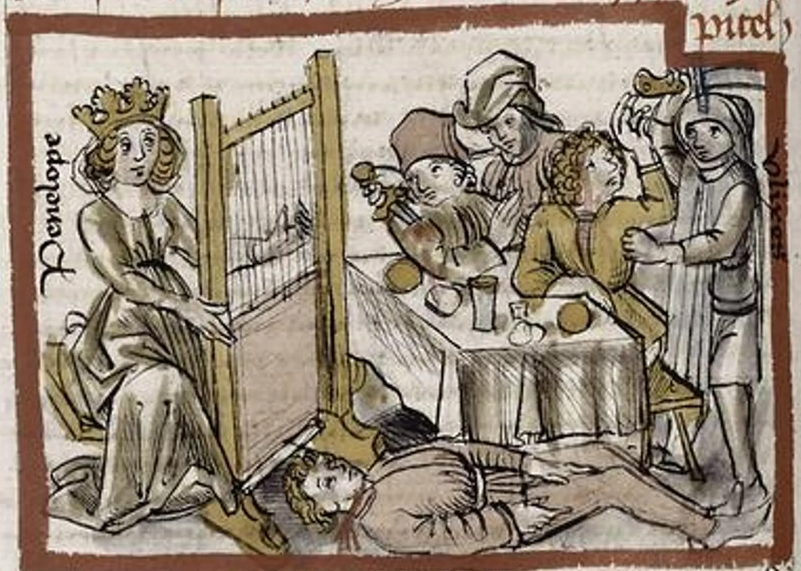 ジョヴァンニ・ボッカッチョ「求婚者たちが彼女の手をめぐって争う中、ペネロペが機織りをしている絵」1474年