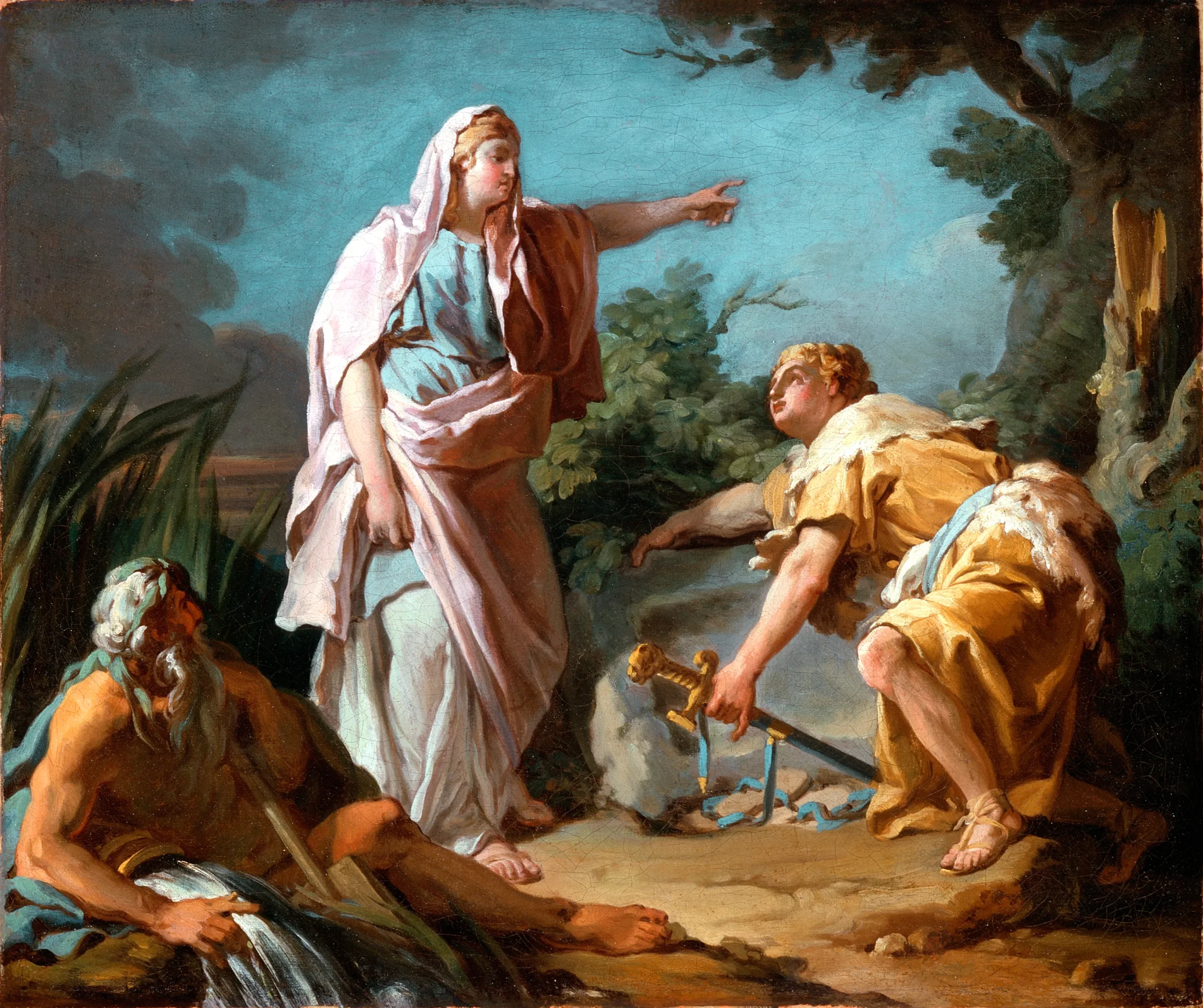 ニコラ＝ギイ・ブレネ『息子テセウスに父が武器を隠した場所を見せるアイトラ』1768年