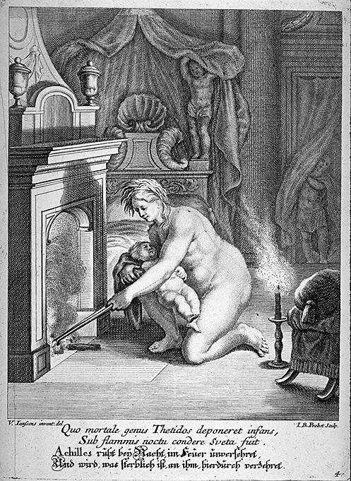 ヨハン・バルタザール・プロブスト「テティスはアキレスの死すべき性質を焼き払おうとする」17-18世紀